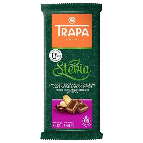 Trapa Stevia, mléčná čokoláda s puffed rýží, 75g