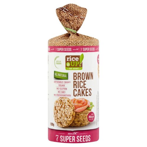 Rice Up, Puffrovaný celozrnný hnědý rýžový plát s 7 druhy supersemínek, 120g.