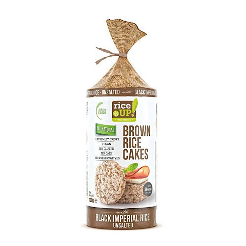 Rice Up, Puffrovaný plátek celozrnné hnědé rýže s kousky černé rýže, přírodní, 120g.